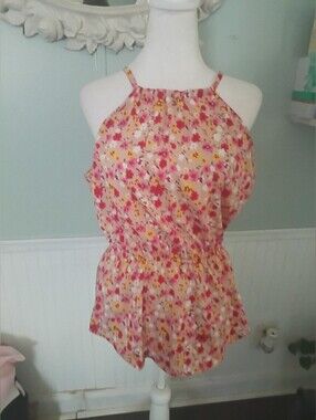Pink Floral Halter-Style Camisole Top with Elastic Waist